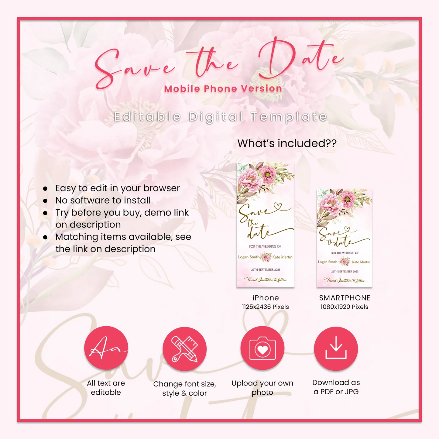 Pink Peony Personalized Wedding Event Date Mobile Version