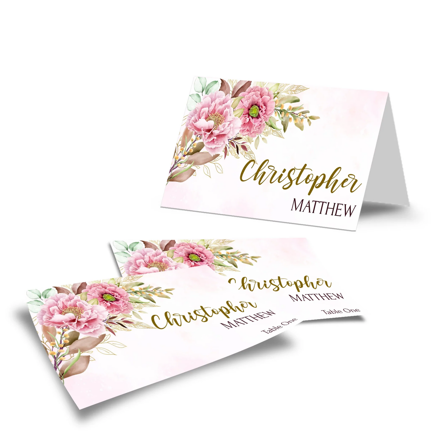 Pink Peony Wedding Place Card for Elegant Reception Seating Arrangement