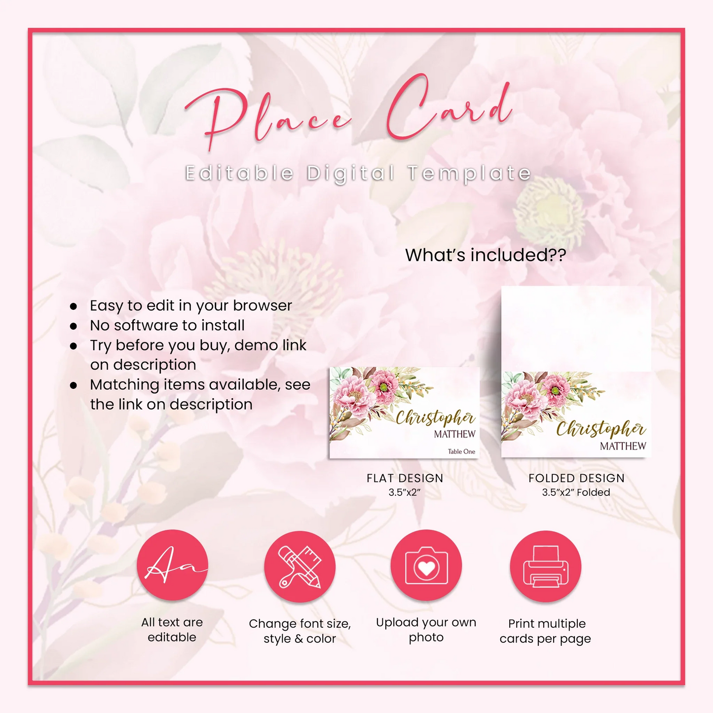 Pink Peony Wedding Place Card