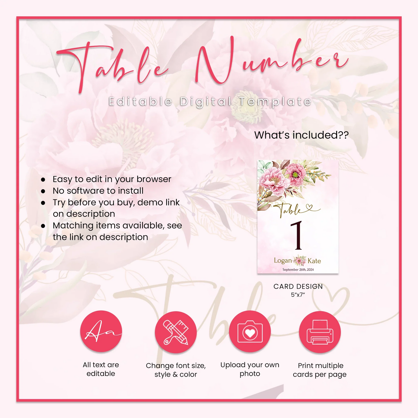 Pink Peony Table Number