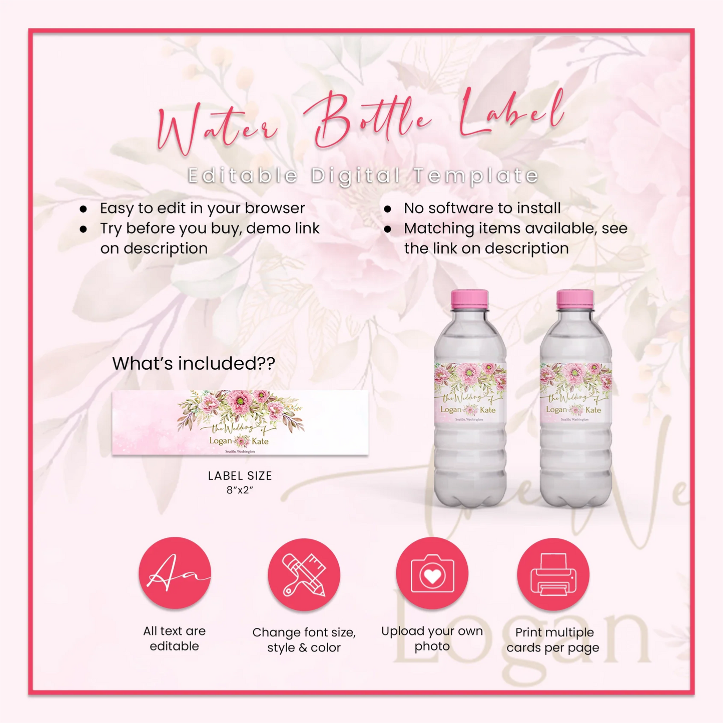 Pink Peony Water Bottle Label