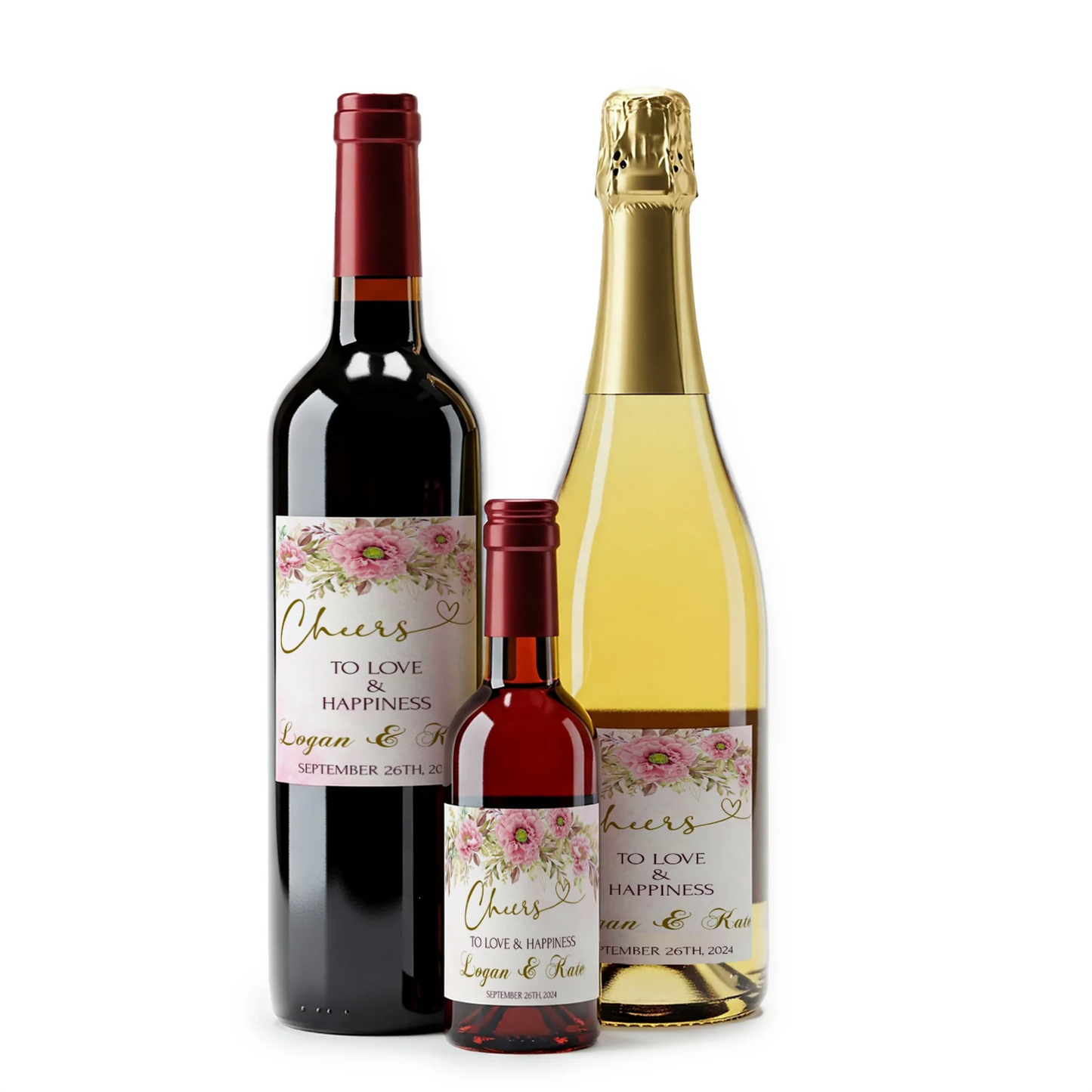 Pink Peony Wedding Wine Label for Personalized Reception Wine Bottles