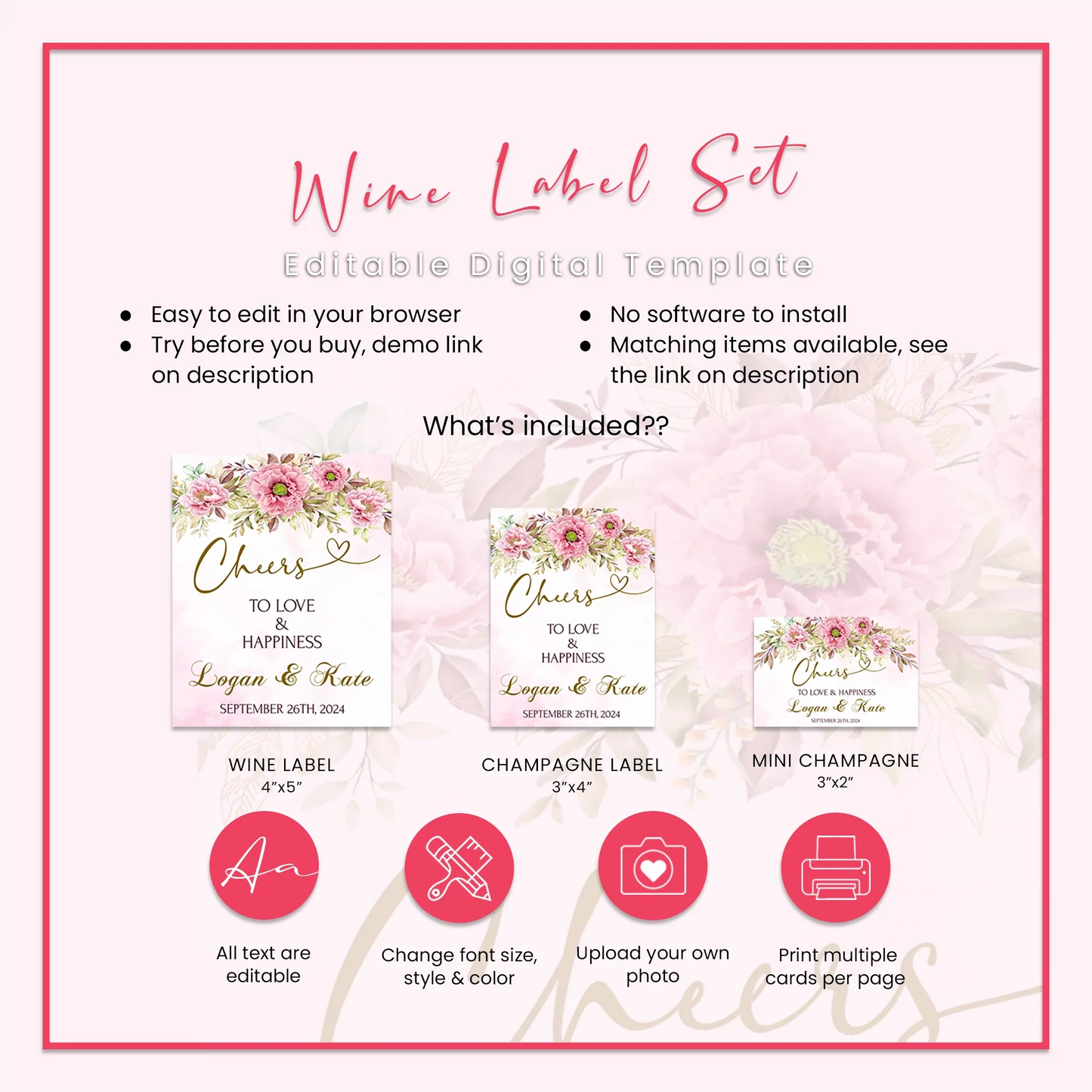 Pink Peony Wedding Wine Label