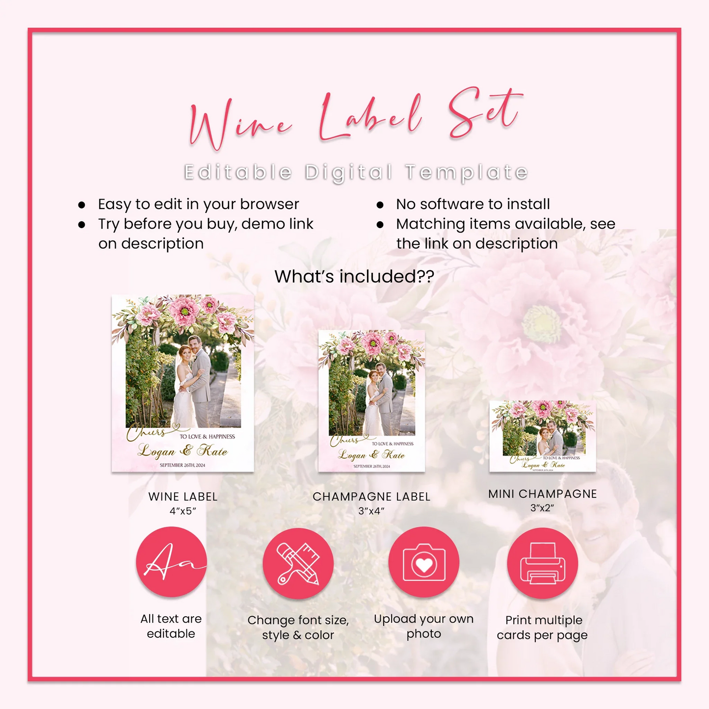 Pink Peony Wedding Wine Label with Photo