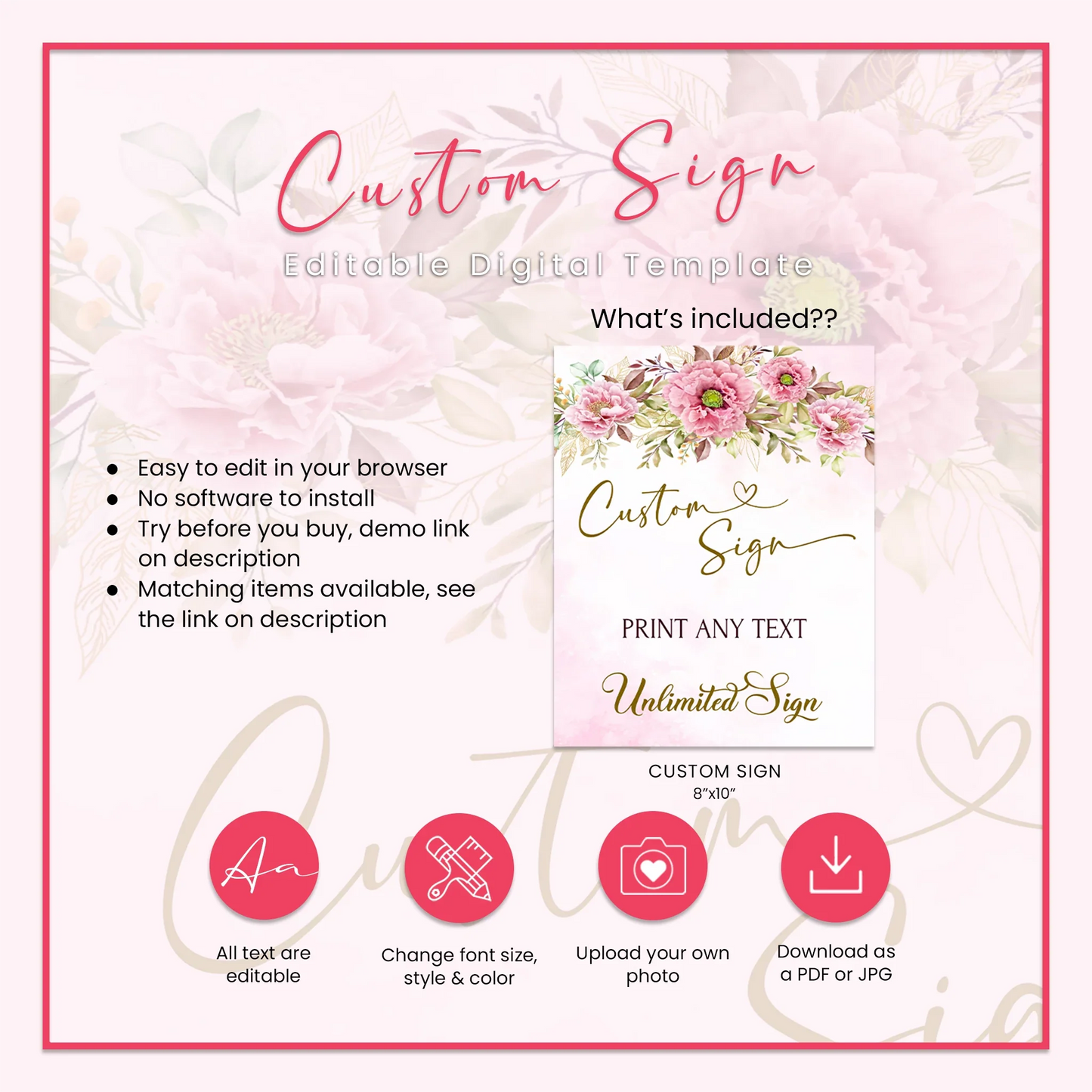 Pink Peony Wedding Event Sign