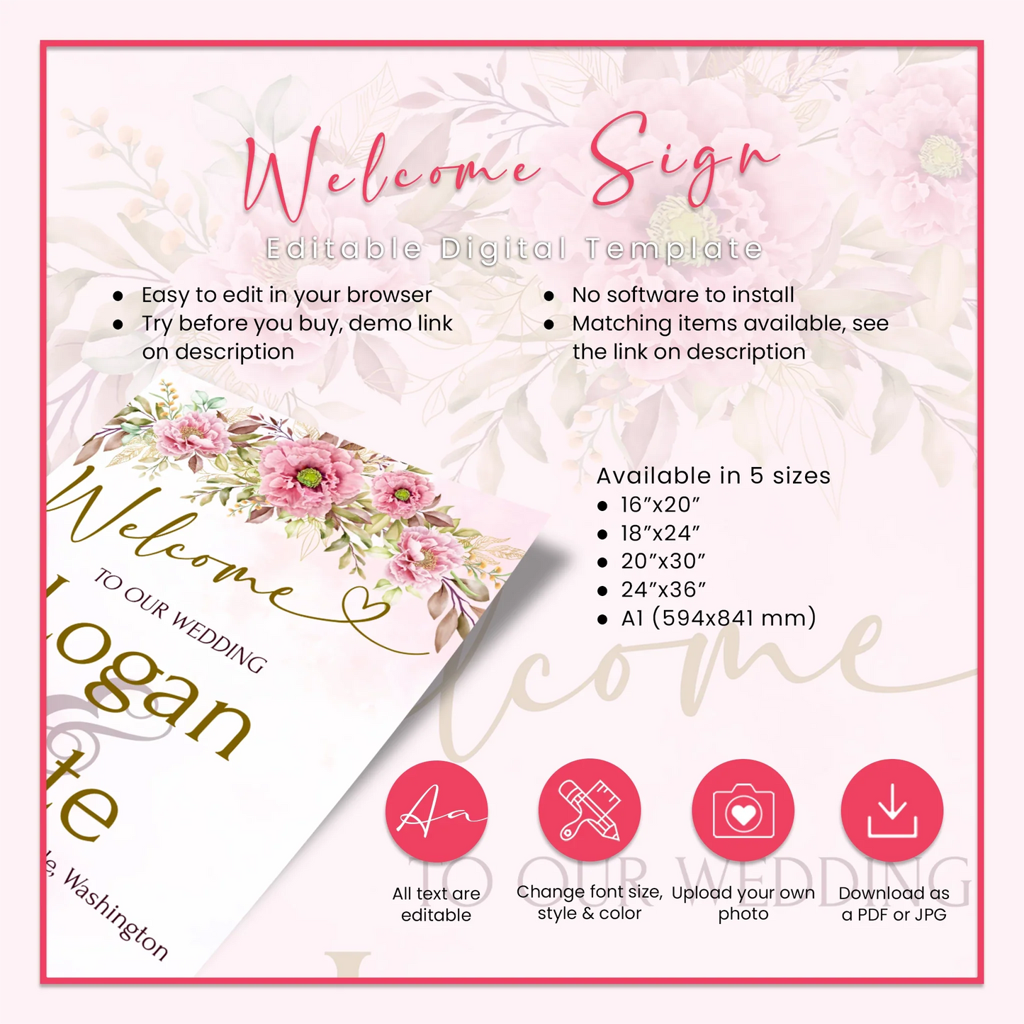 Pink Peony DIY Wedding Welcome Sign