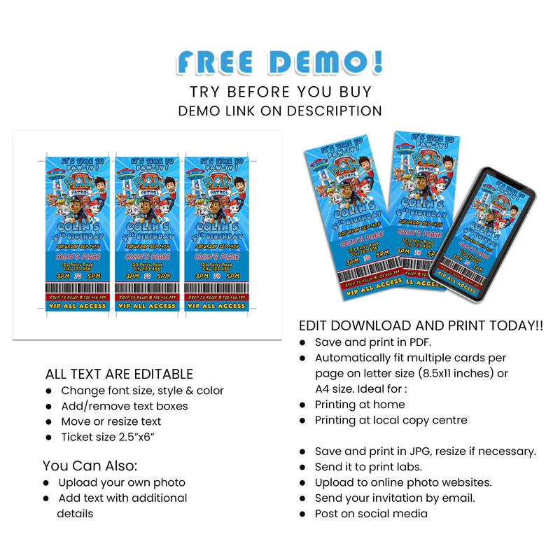 Paw Patrol Ticket Invitations Printable