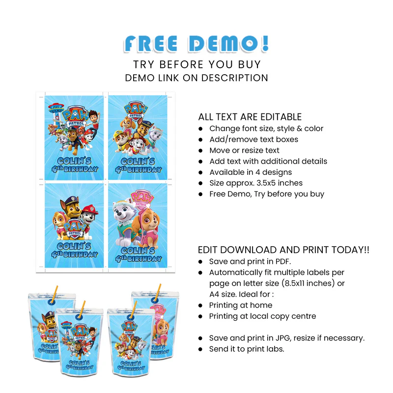 Paw Patrol Juice Pouch Labels Custom
