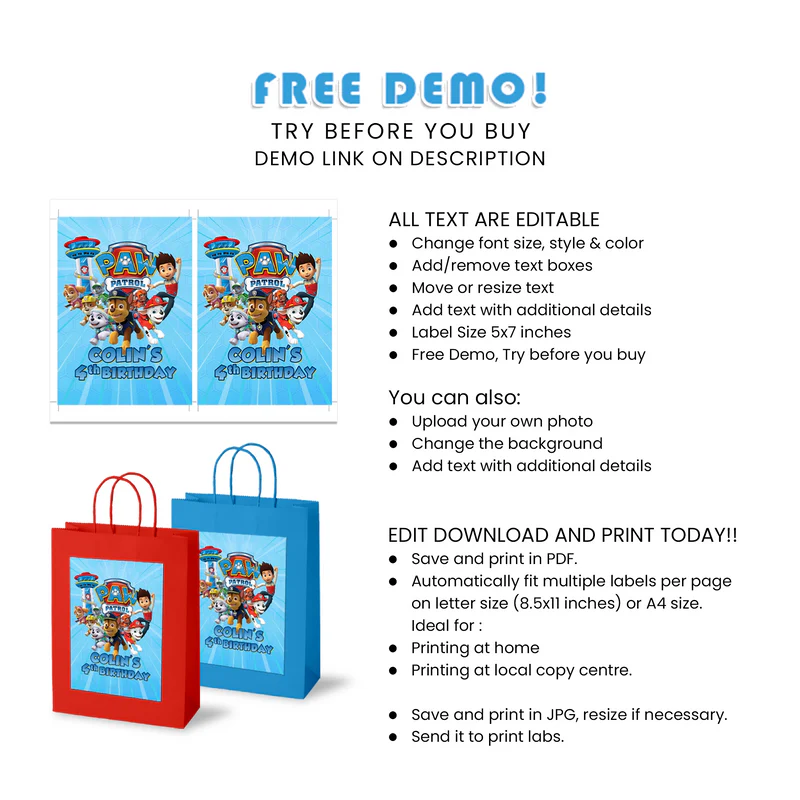 Paw Patrol Goodie Bag Labels Editable