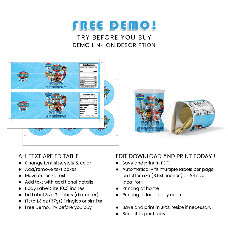 Paw Patrol Small Pringles Labels