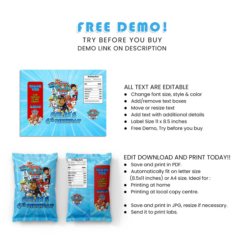 Paw Patrol Chips Bag Label Template