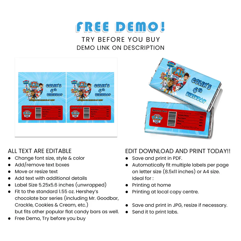 Paw Patrol Chocolate Labels for Wrappers