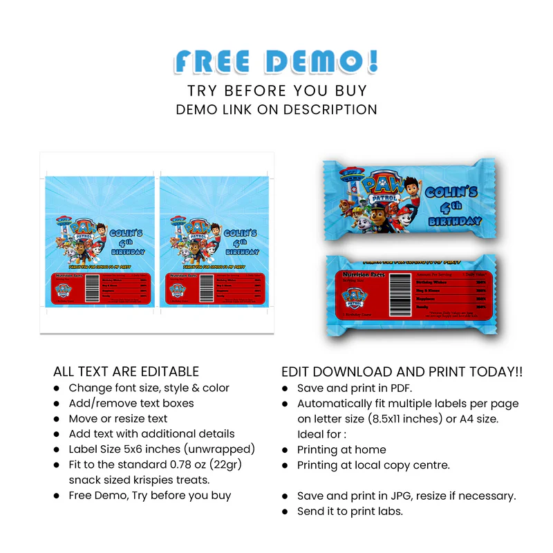 Paw Patrol Rice Krispies & Candy Bar Labels
