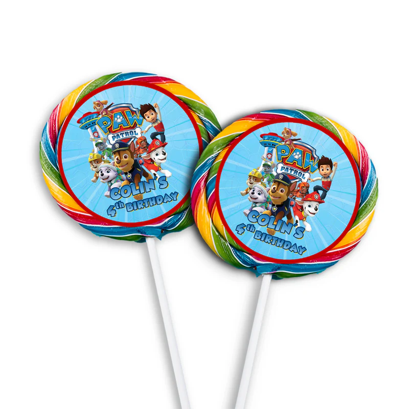 Paw Patrol lollipop label with round design and colorful graphics