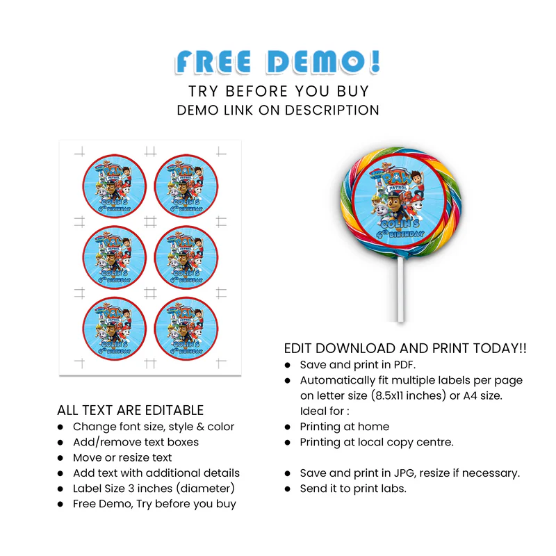Paw Patrol Lollipop Labels Editable