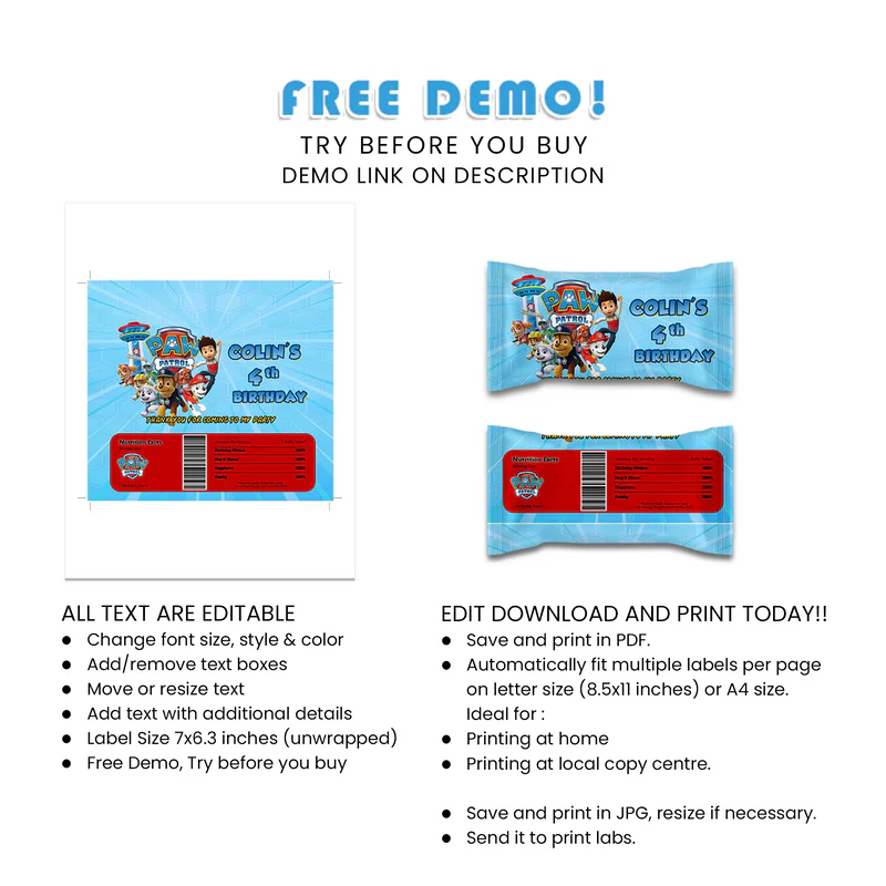 Paw Patrol Skittles Labels for Party Favors