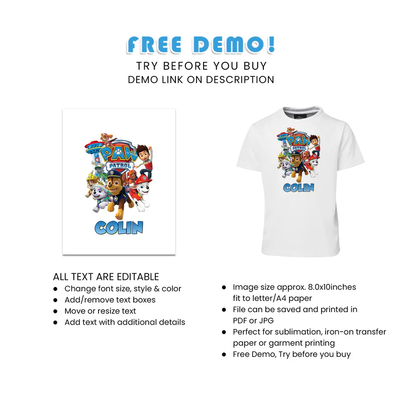 Paw Patrol Sublimation T-Shirt for Birthday