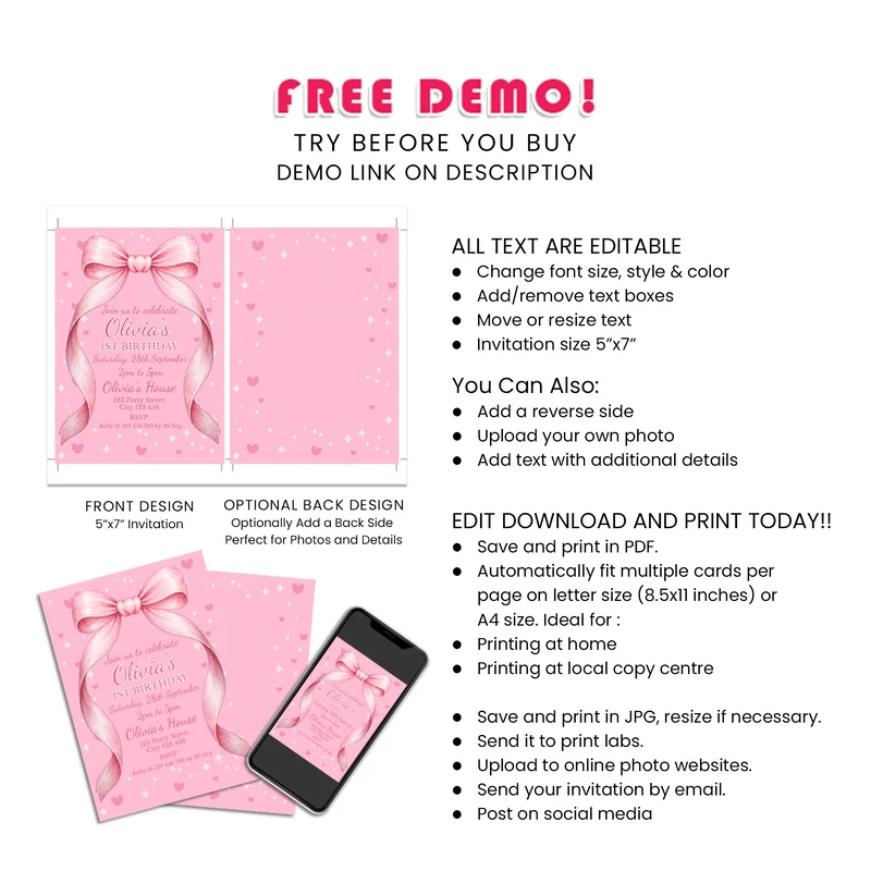 Pink Bow Personalized Birthday Card Invitations Printable Digital Download