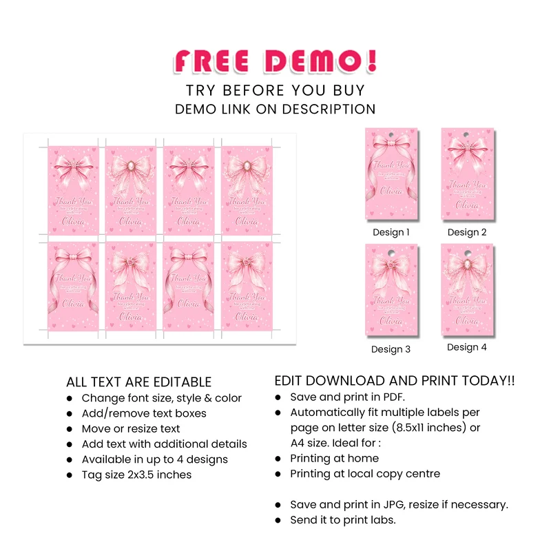 Pink Bow Favor Tags Printable Digital Download