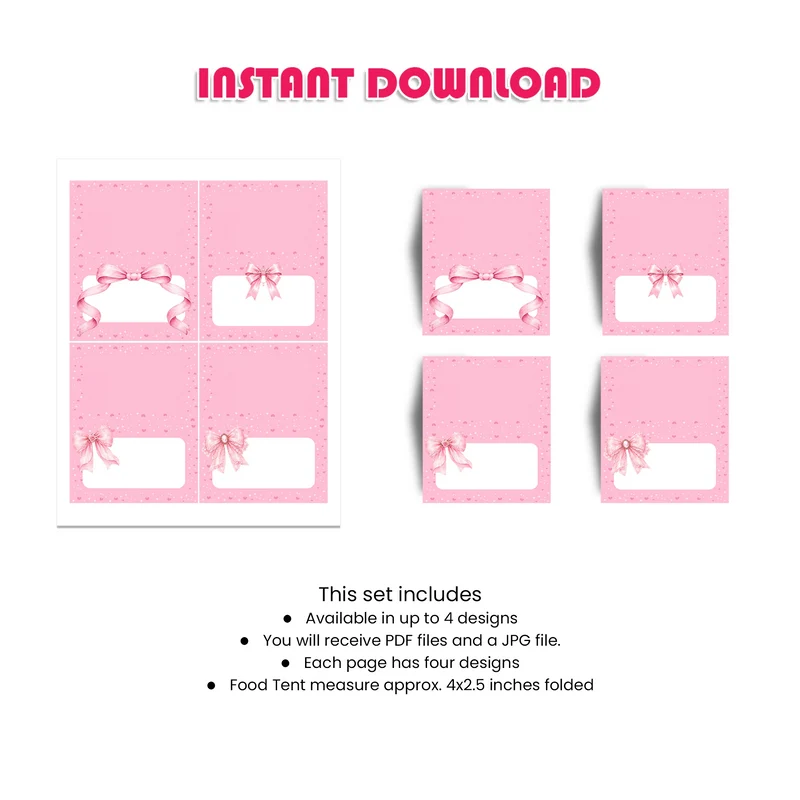 Pink Bow Food Cards Printable Digital Download