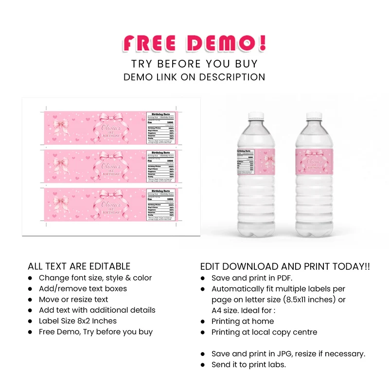 Pink Bow Water Bottle Label Printable Digital Download
