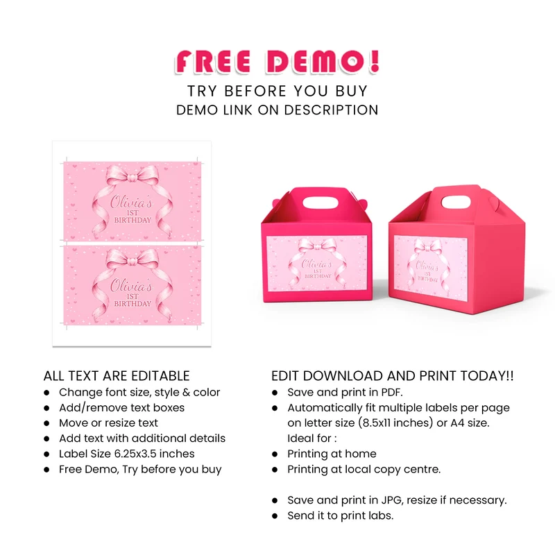 Pink Bow Treat Box Label Printable Digital Download