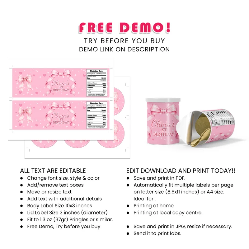 Pink Bow Small Pringles Label Printable Digital Download
