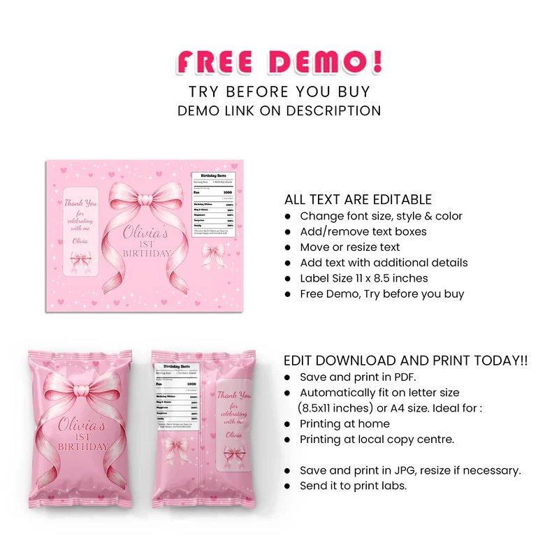 Pink Bow Chips Bag Label Printable Digital Download