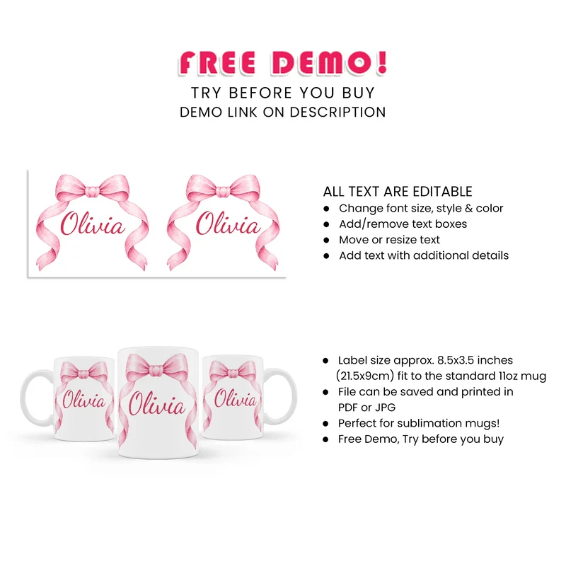 Pink Bow Sublimation Mug Digital Download
