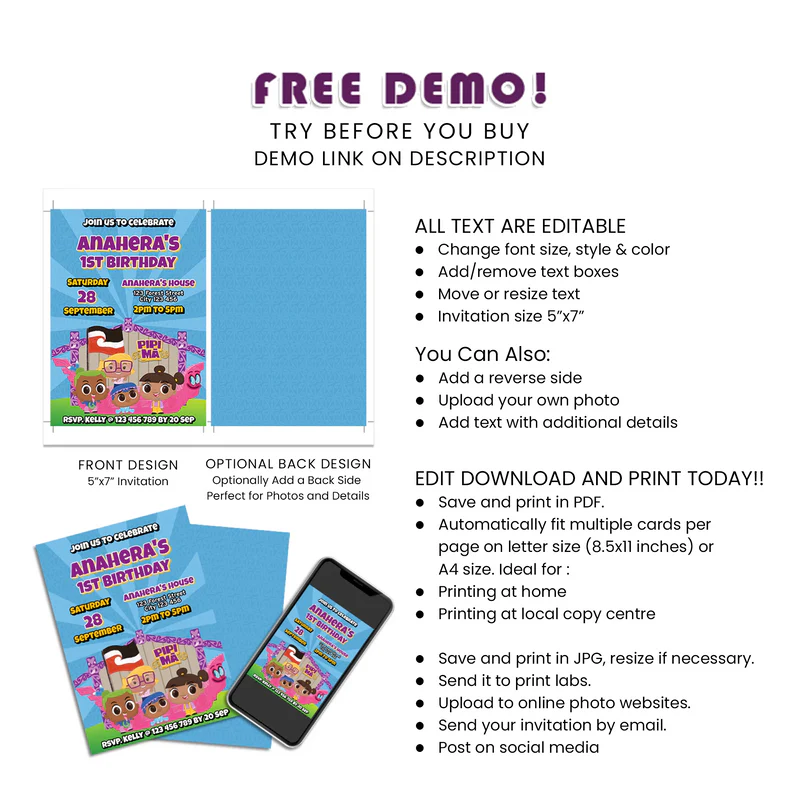 Pipi Ma Personalized Birthday Card Invitations Printable Digital Download