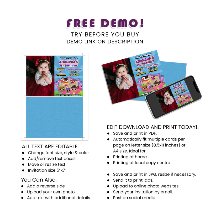 Pipi Ma Personalized Photo Card Invitations Printable Digital Download