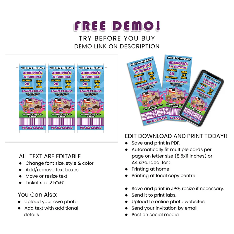 Pipi Ma Personalized Birthday Ticket Invitations Digital Download