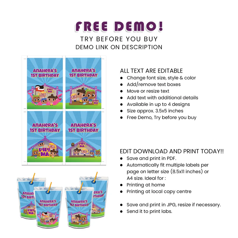 Pipi Ma Juice Pouch Label Printable Digital Download