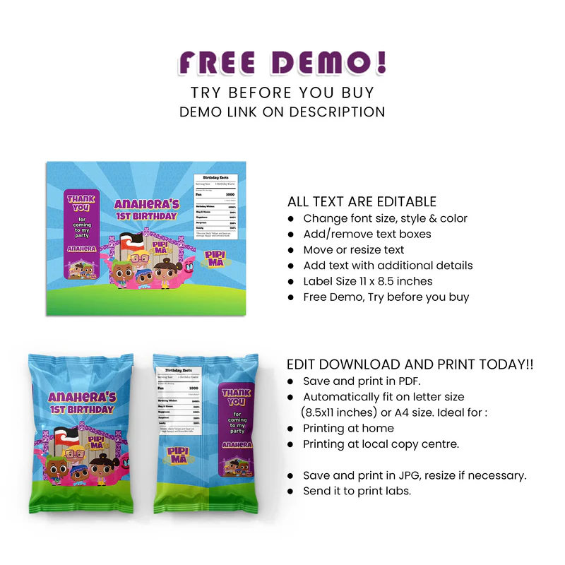 Pipi Ma Chips Bag Label Printable Digital Download