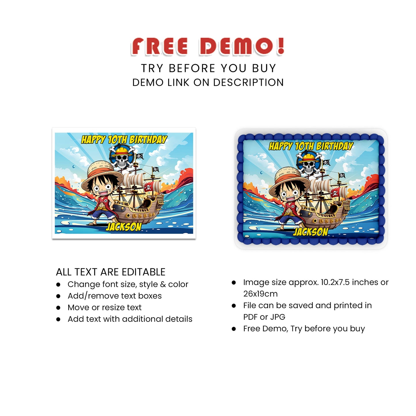 Rectangle Personalized Sheet Cake Images - One Piece - Ideal for Celebrations