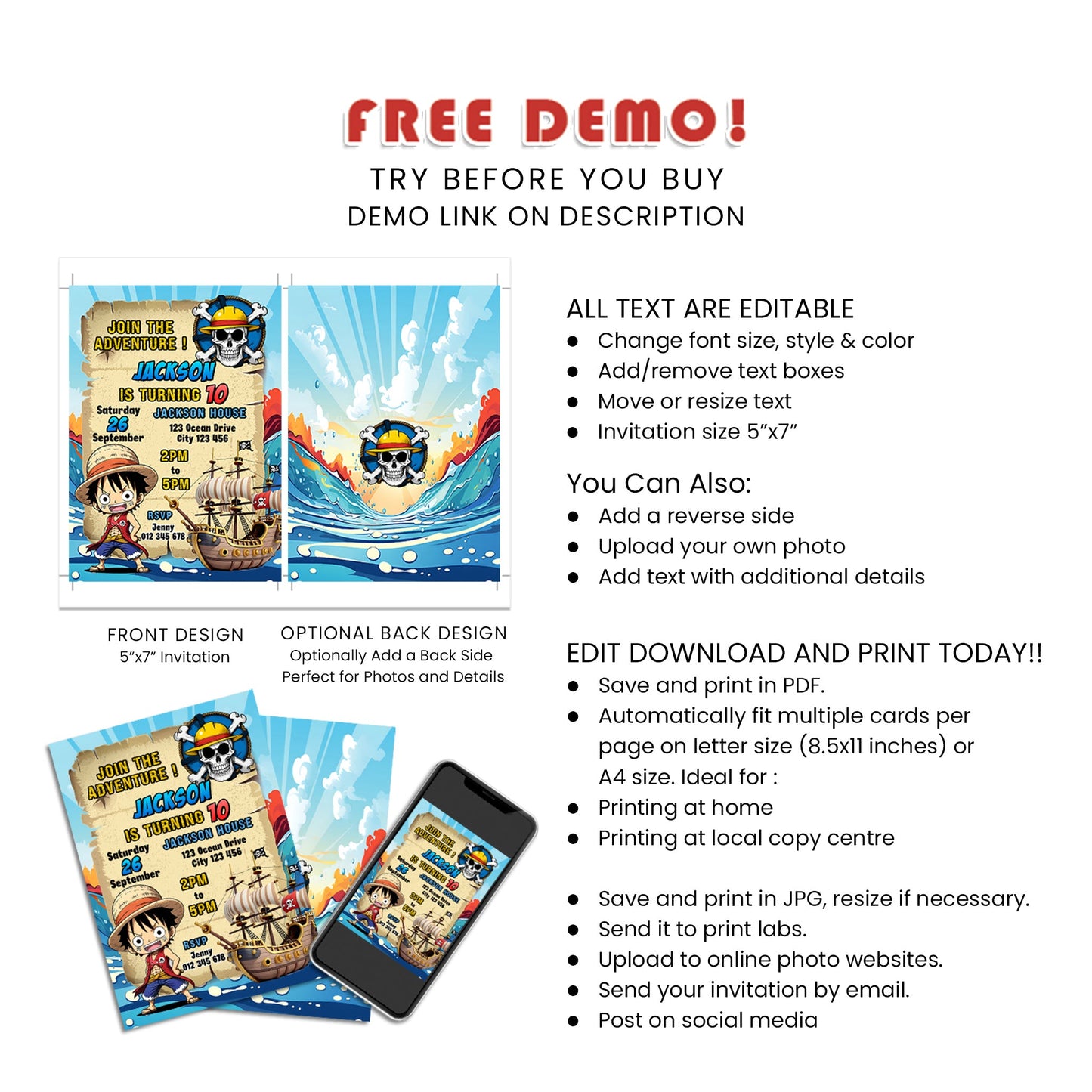 Personalized Birthday Card Invitations Featuring One Piece - Make Your Invites Stand Out