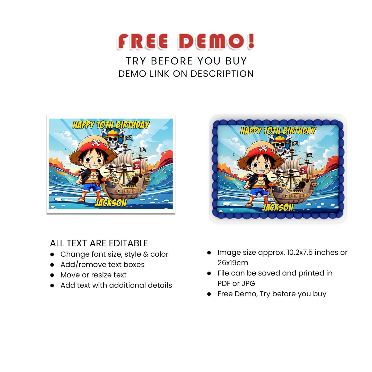 Rectangle Personalized Sheet Cake Images - One Piece - Ideal for Celebrations