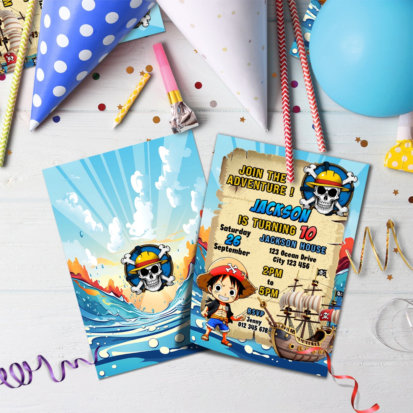 One Piece Birthday Decorations, One Piece Manga Series Party Supplies, Monkey D. luffy Themed, One Piece Anime Digital Template, Editable One Piece Image SVG PNG