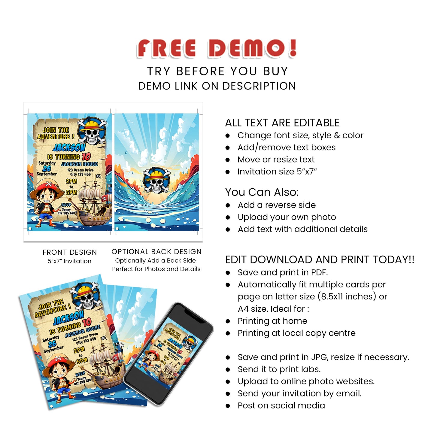 Personalized Birthday Card Invitations Featuring One Piece - Make Your Invites Stand Out