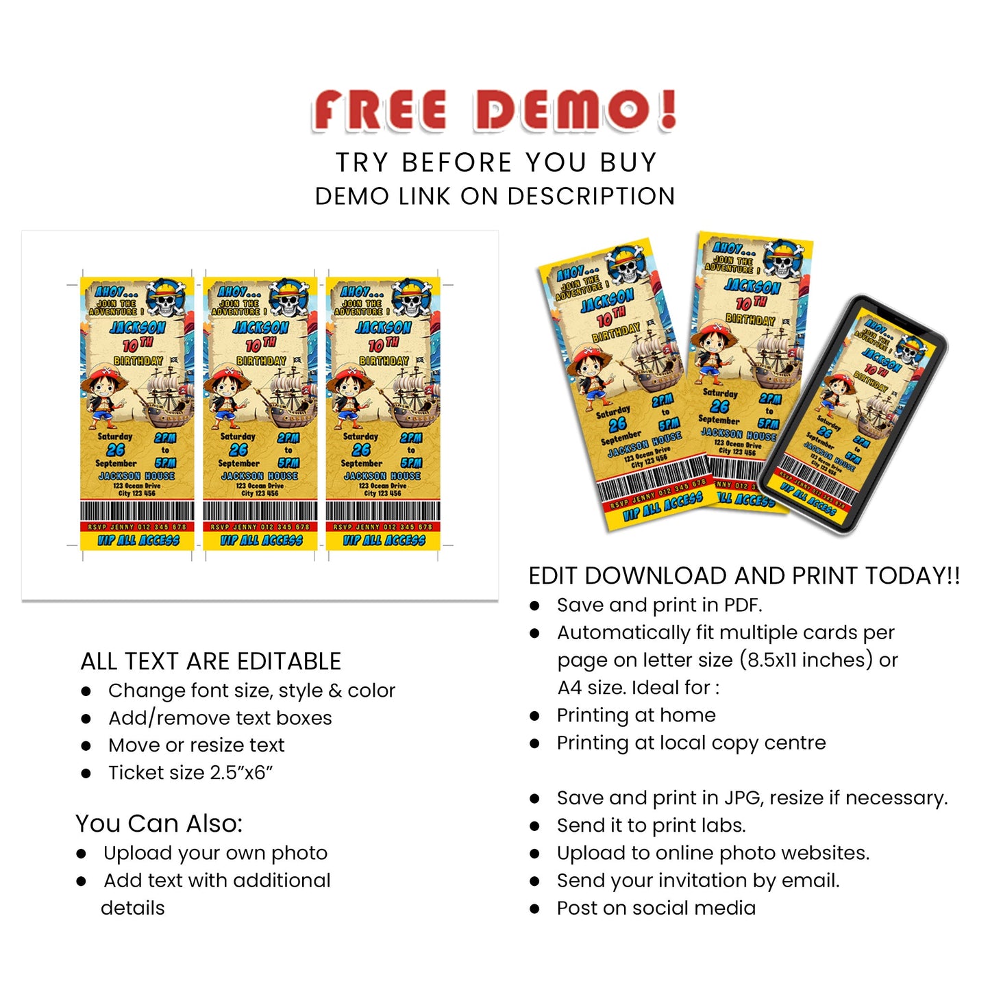 Personalized Birthday Ticket Invitations - One Piece - A Fun Twist on Traditional Invites