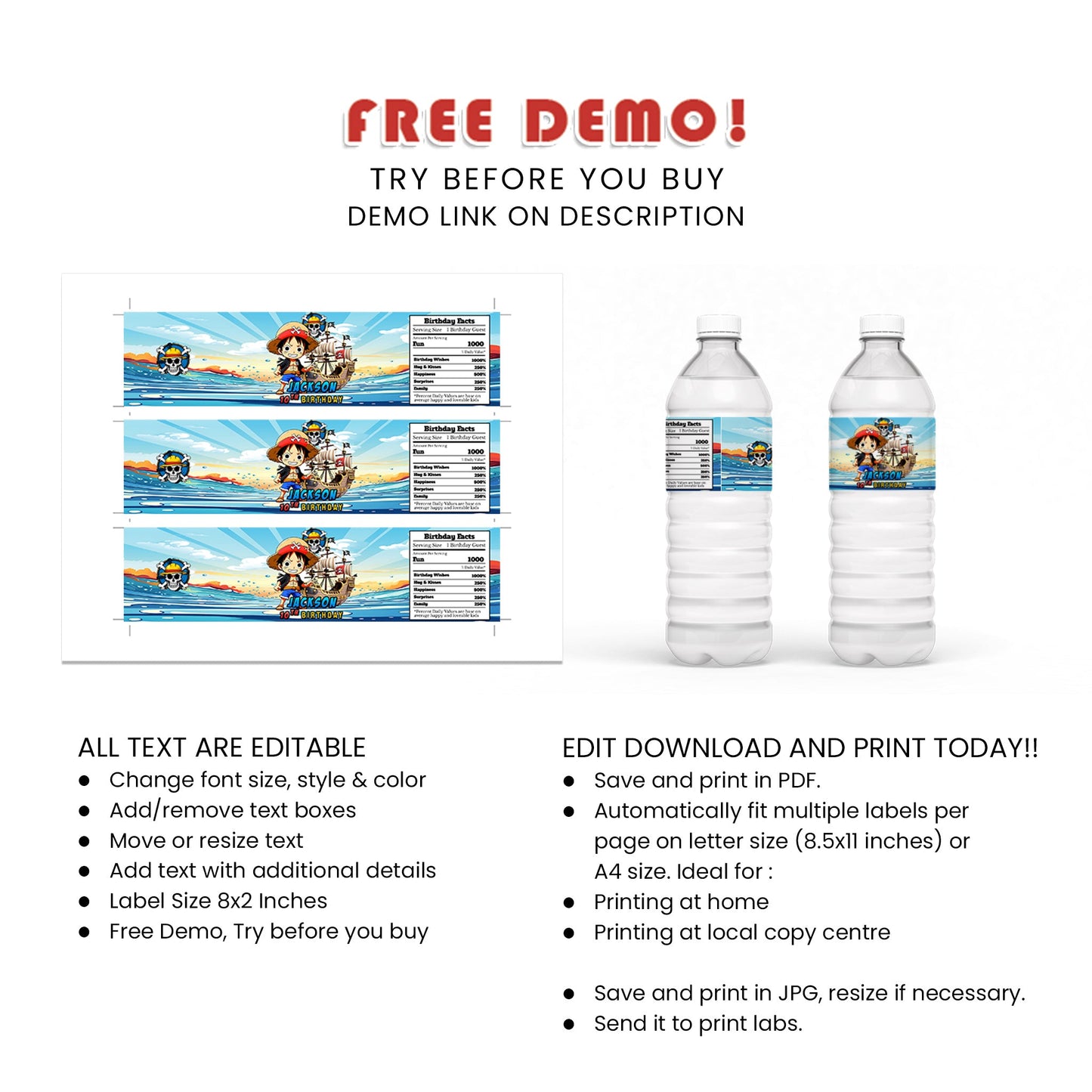 One Piece Water Bottle Label - Hydrate in Style at Your Next Event