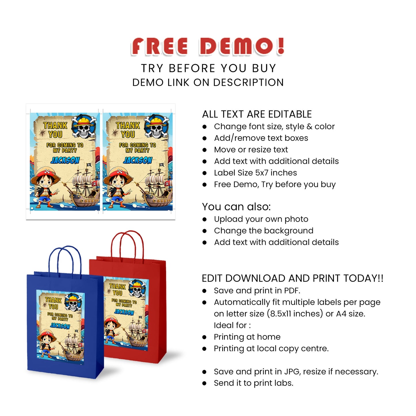 Goody Bag Label from One Piece - Personalize Your Party Favors