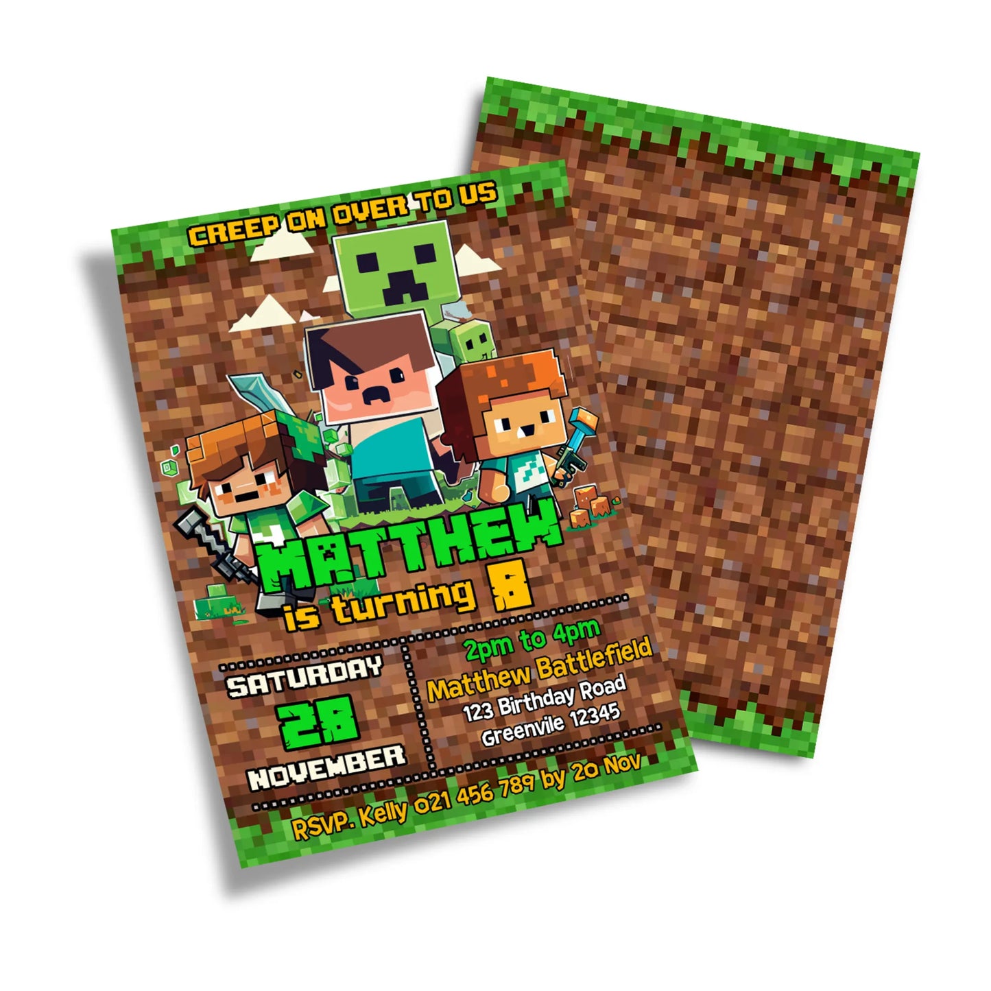 Minecraft personalized birthday card invitations with custom design