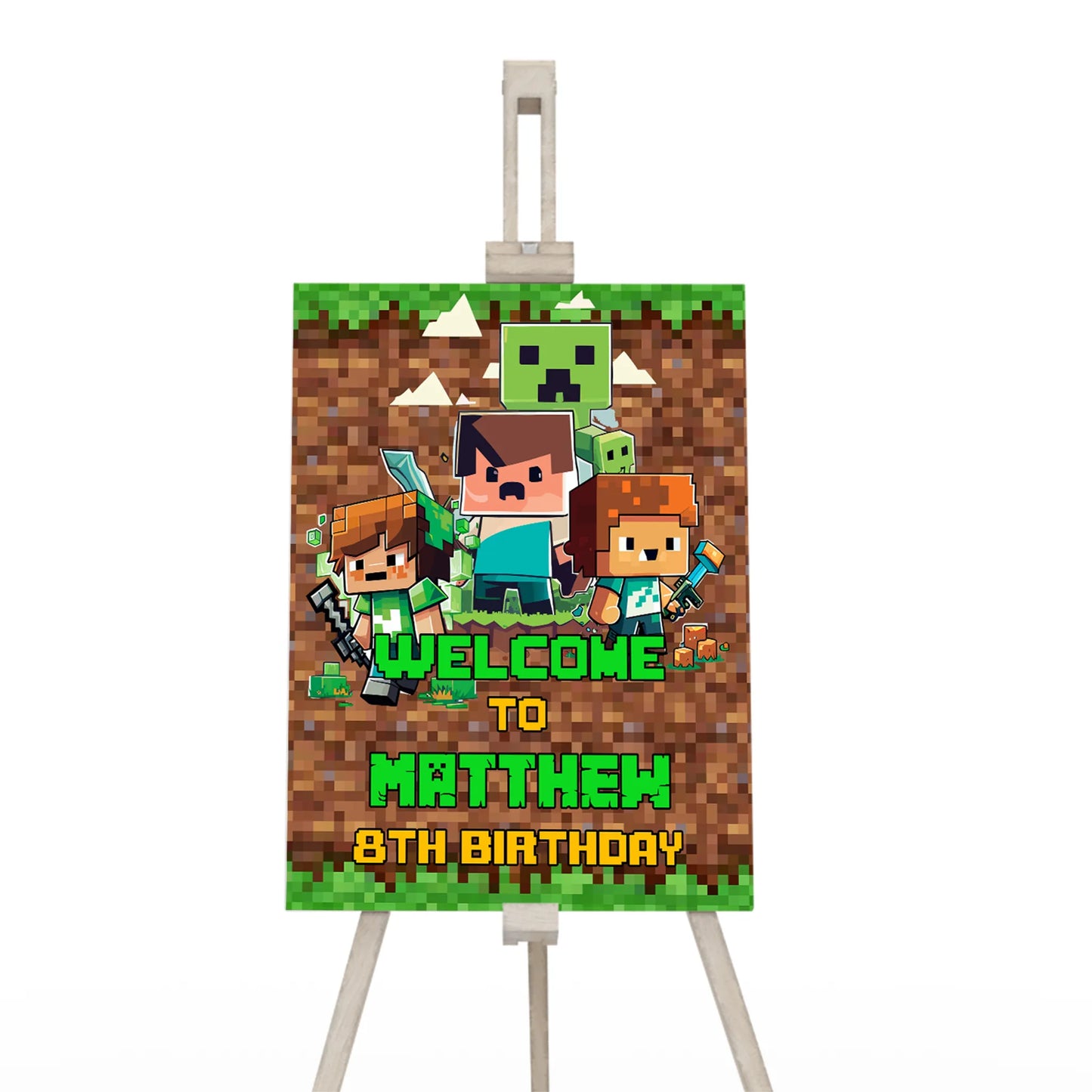 Minecraft welcome sign for birthday party entrance decorations