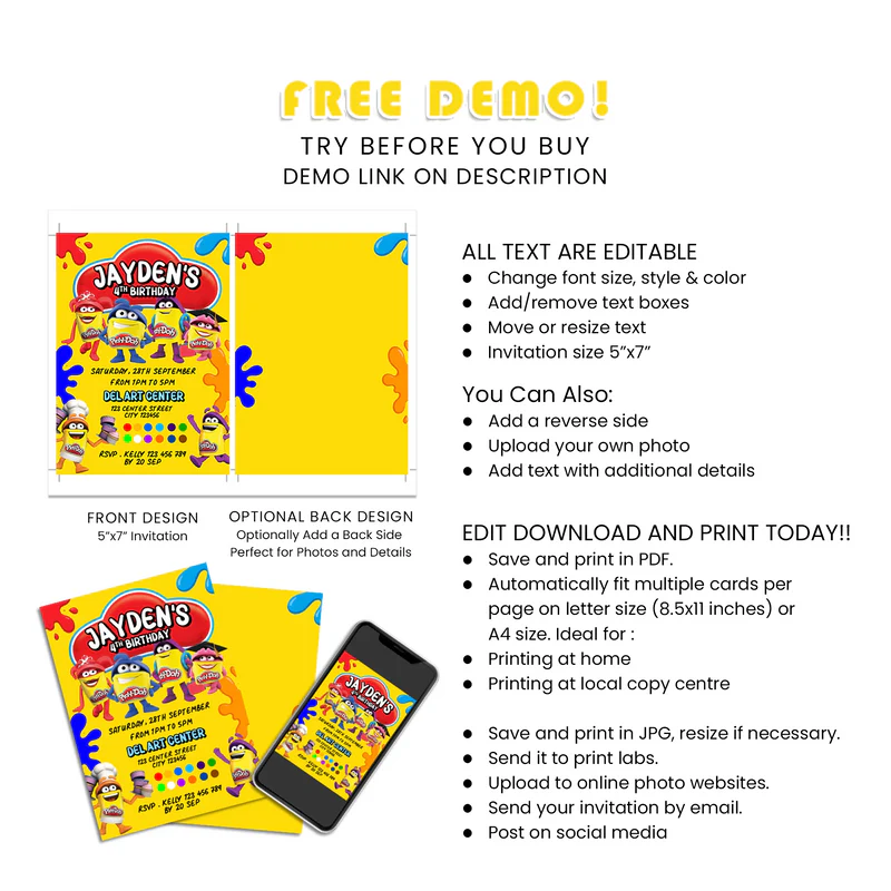 Play Doh Personalized Birthday Invitations – Custom Party Cards