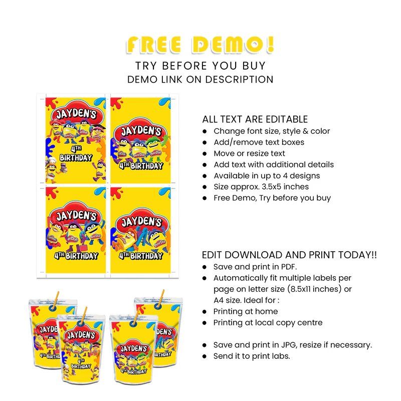 Play Doh Juice Pouch Labels – Personalized Party Drink Labels