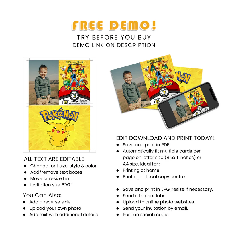 Custom Pokemon Personalized Photo Card Invitations