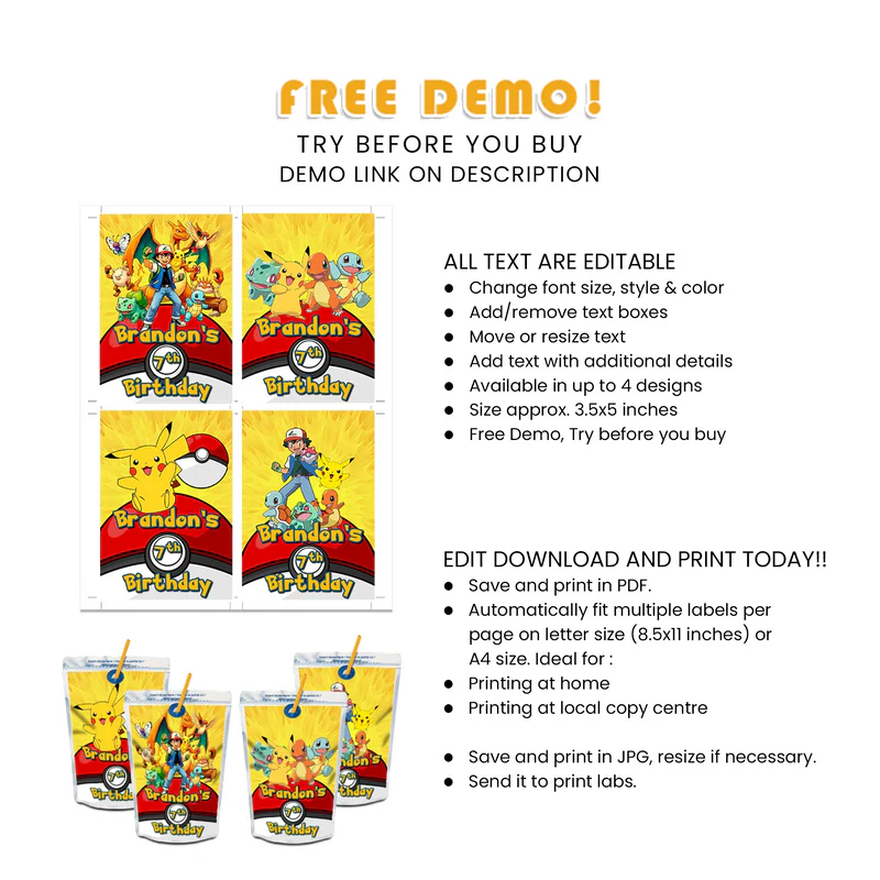 Custom Pokemon Juice Pouch Label for Birthdays