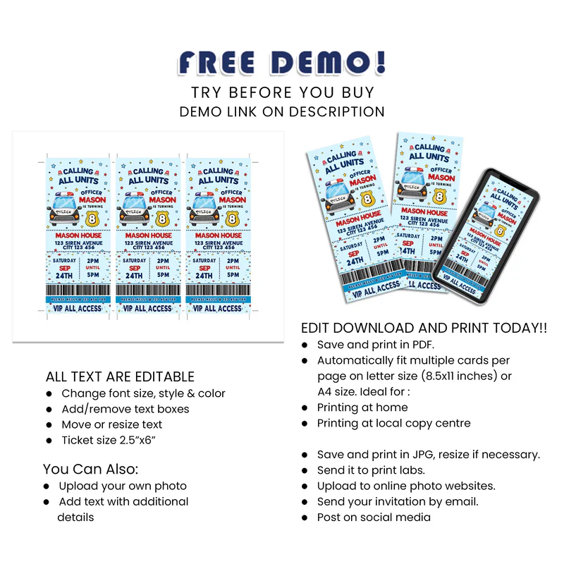 Kids Police Birthday Ticket Invitations Custom Party Printable