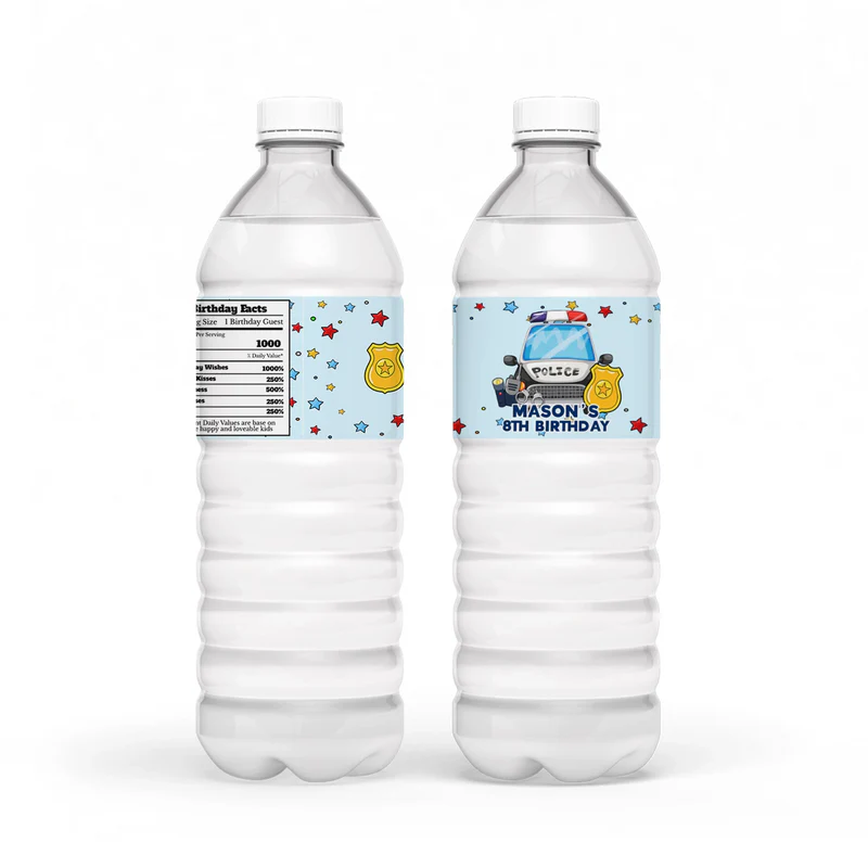 Kids police water bottle label with cartoon police car wrap design on white background